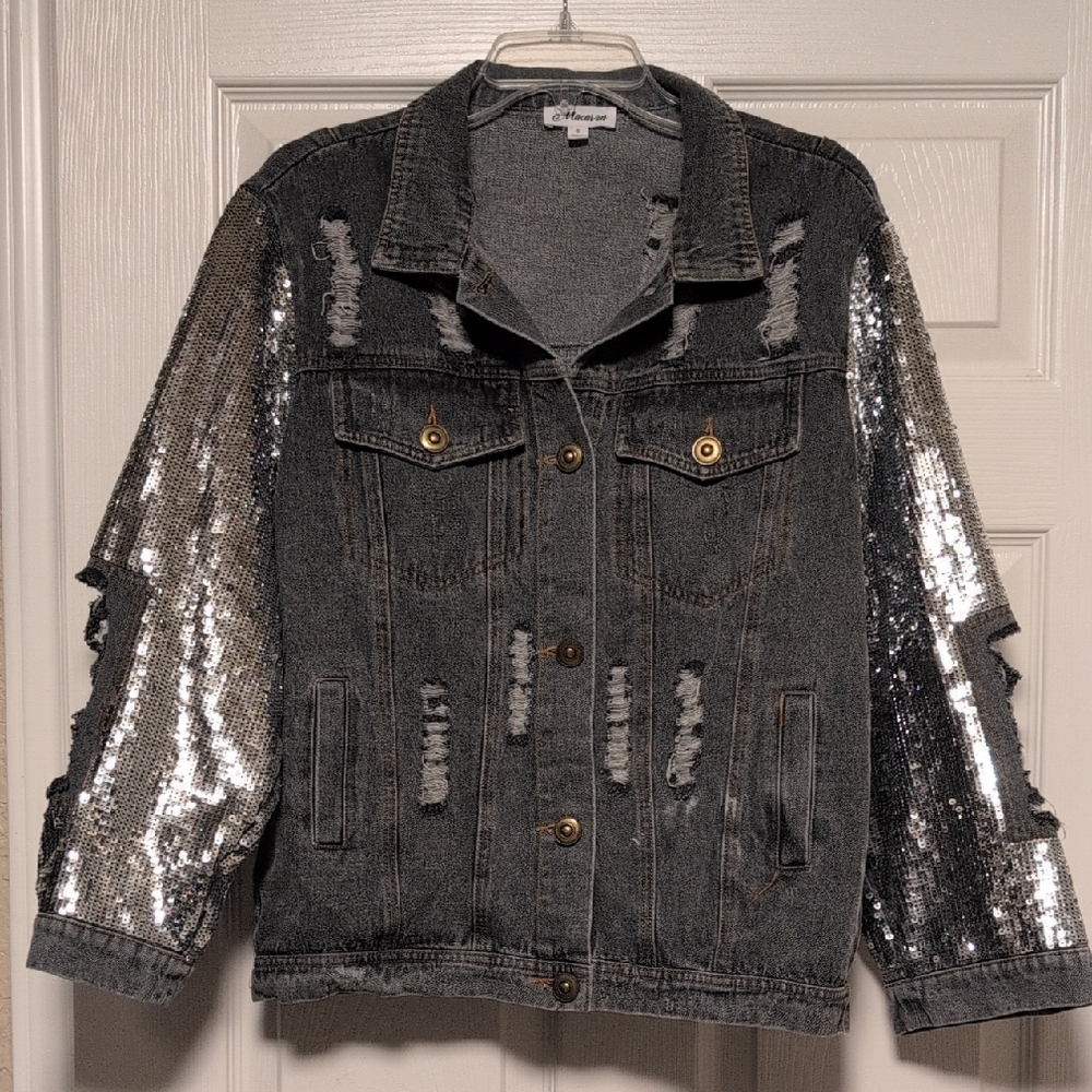 MACARON Distressed Gray Denim Jacket with Silver Sequin Sleeves